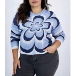 Just Polly New York Sweater Junior Plus Size 2X Blue Flower Top Long Sleeves